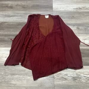 Vintage 80s Midnight Velvet Maroon Womens L 100%‎ Rayon Lace Wrap Around Blouse